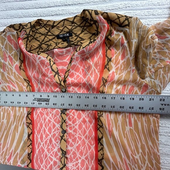 Nic+Zoe Womens Sheer Button-Front Tunic Top Large Abstract Print 3/4 Sleeve Red - Picture 6 of 7